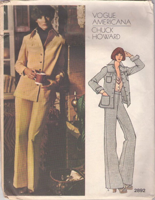 Vogue 2892 Vintage 70's Sewing Pattern Disco Separates, Americana Designer Chuck Howard, Yoked Shirt Jacket, Fly Front Trousers, Retro Secretary Office Pantsuit Size 10