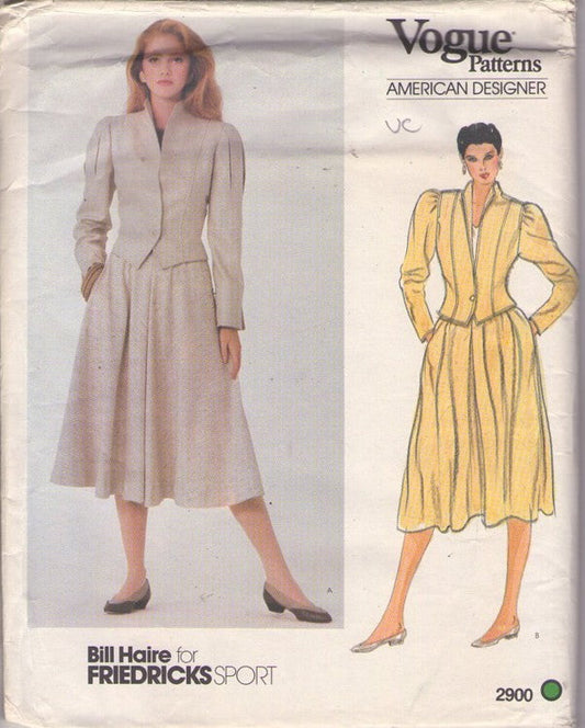 Vogue 2900 Vintage 80's Sewing Pattern Suit Dress, American Designer Bill Haire for Friedricks Sport, Brat Pack Power Suit, Fitted Gathered Sleeve Jacket, Flared Pleated Skirt, Pockets Size 10