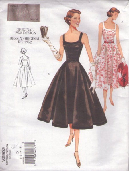 Vogue 2902 Retro 2006 Sewing Pattern Repro 50s Gown, Vintage Model 1952 Dress, Strappy Full Skirt Grease Hairspray Rockabilly Cocktail Party Dress 2 Styles Size 12-16