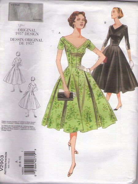 Vogue 2903 Retro 2006 Sewing Pattern Repro 50s Dress Set, Vintage Model Original 1957 Design, Rockabilly Lucy Deep V Neck Cocktail Party Dress, 2 Styles Size 6-10