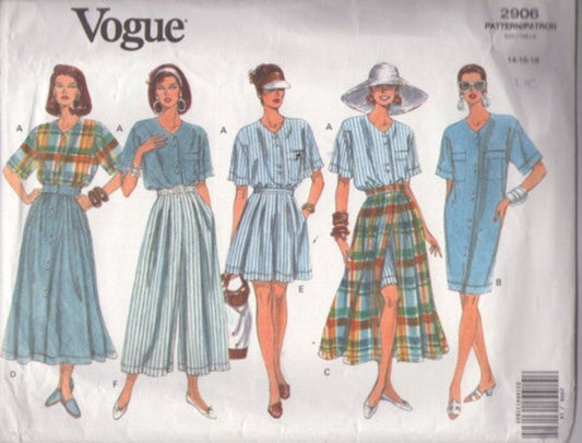 Vogue 2906 Vintage 90's Sewing Pattern Summer Separates, Brat Pack, Denim Tapered Sack Dress, Oversized Blouse, Shirt, Flared Leg Skorts Shorts, Button Front Skirt, Gauchos Size 14-18