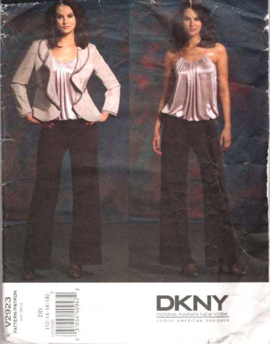 Vogue 2923 Retro 2006 Sewing Pattern American Designer DKNY Donna Karan Pleated Blouse, Ruffle Jacket, Pants Size 12-18