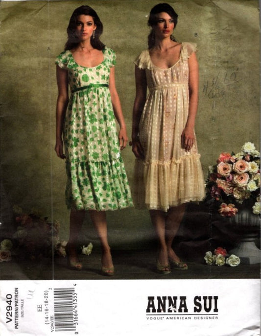 Vogue 2940 Retro 2007 Sewing Pattern American Designer Anna Sui Prairie Dress, Cottagecore, Scoop Neck, Tiered, Lace, 2 Styles Size 14-20