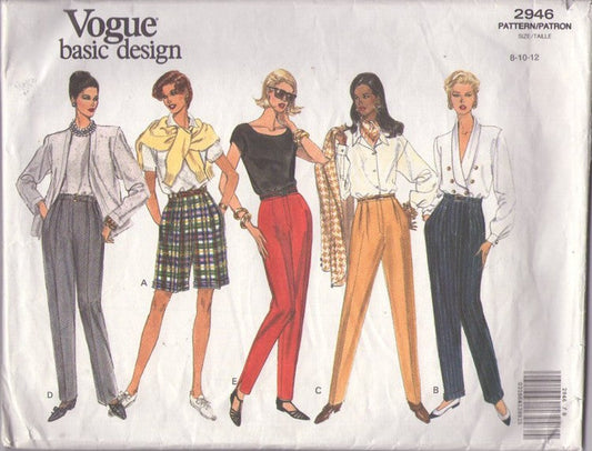 Vogue 2946 Vintage 90's Sewing Pattern Pants, Shorts Set, Mock Fly Front Long Walking Shorts, Slender Trousers, Pants Size 8-10