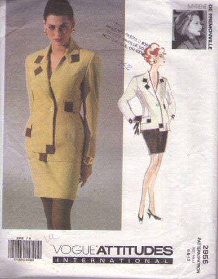Vogue 2955 Vintage 90's Sewing Pattern Designer Power Suit, Attitudes International, Myrene de Premonville, AVANT GARDE Uneven Color Block Jacket, Short Sheath Skirt Size 6-10