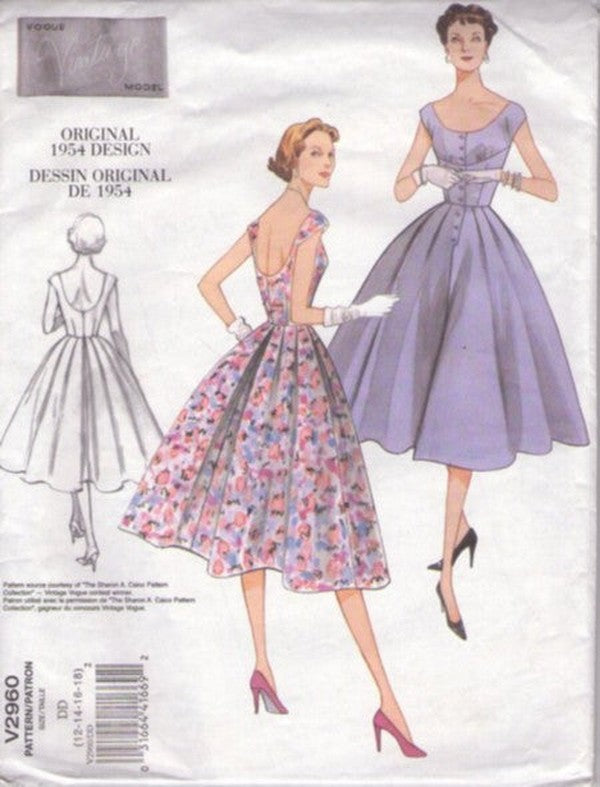Vogue 2960 Retro 2007 Sewing Pattern Day Dress, Marvelous Mrs. Maisel, Repro 1954 50s Cinched Midriff Full Pleated Skirt, Bare Dipped Back Cocktail Party Dress Size 4-10