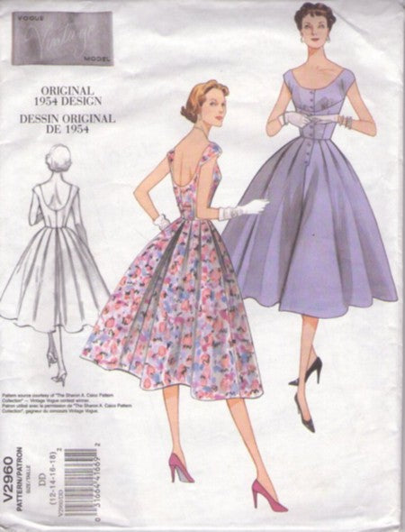 Vogue 2960 Retro 2007 Sewing Pattern Day Dress, Marvelous Mrs. Maisel, Repro 1954 50s Cinched Midriff Full Pleated Skirt, Bare Dipped Back Cocktail Party Dress Size 4-10