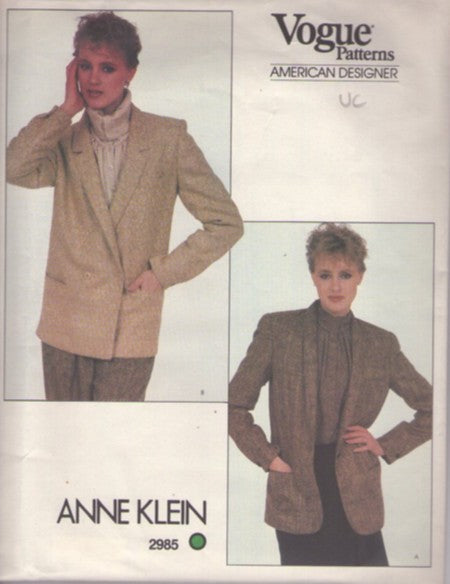 Vogue 2985 Vintage 80's Sewing Pattern Blazer Jacket Set, American Designer Anne Klein Brat Pack Shawl or Notched Single or Double Breasted Blazer Suit Jacket 2 Styles Size 10