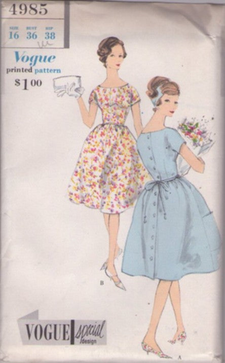 Vogue 4985 Vintage 50's Sewing Pattern Special Design Dress, Back Buttoned Flared Skirt Rockabilly Day Dress, 2 Styles, HUGE Pockets Size 16