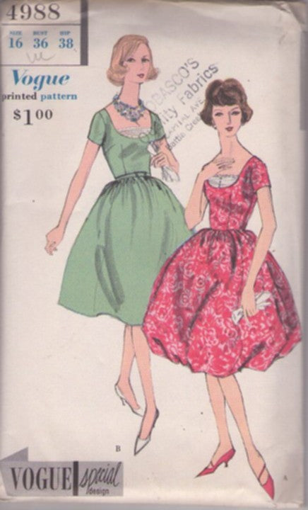 Vogue 4988 Vintage 50's Sewing Pattern Special Design Dress, Low Scoop Neck Cocktail Party Dress, 2 Styles, One with BUBBLE SKIRT Size 16