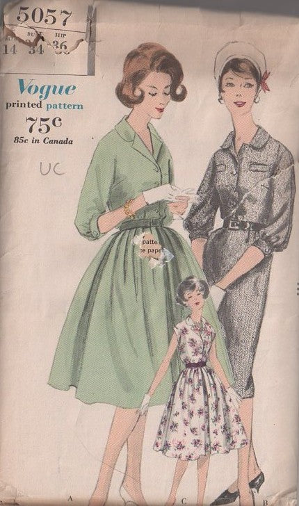 Vogue 5057 Vintage 60's Sewing Pattern Day Dress, Slim or Pleated Flared Skirt Shirtwaist Dress Set Size 14