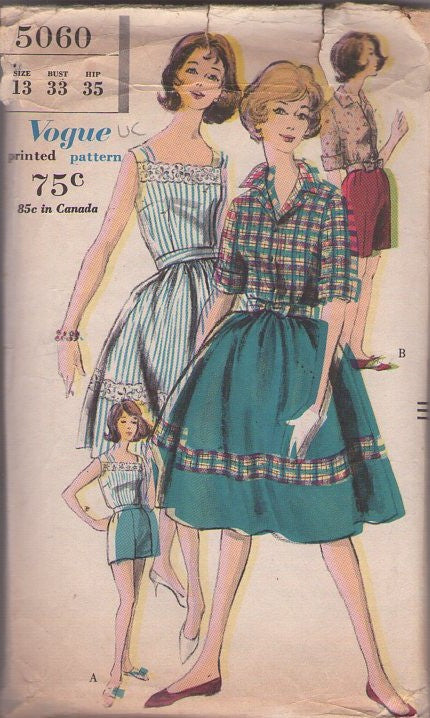 Vogue 5060 Vintage 60's Sewing Pattern Rockabilly Separates, Summer Mix & Match Camisole Sun Top Bodice, Tied Front Blouse, Shorts, Full Gathered Skirt Size 13