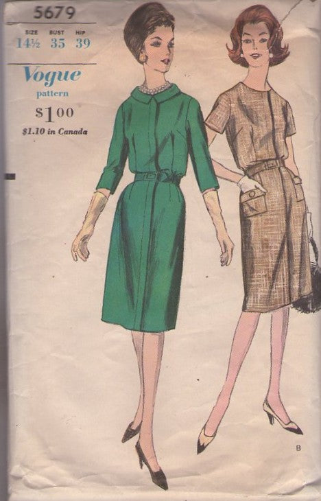 Vogue 5679 Vintage 60's Sewing Pattern Day Dress Set, Hidden Band, Front Zipper Secretary Dress, 2 Styles Size 14.5