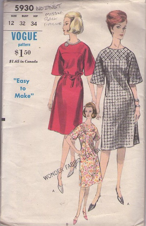 Vogue 5930 Vintage 60's Sewing Pattern Easy Day Dress, Bell Sleeves, Fit & Flared Secretary, 2 Styles Size 12