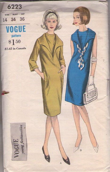 Vogue 6223 Vintage 60's Sewing Pattern Mod Dress, Young Fashionables, Princess Seams Sailor Collar Day Dress, Dickey Inset Size 14