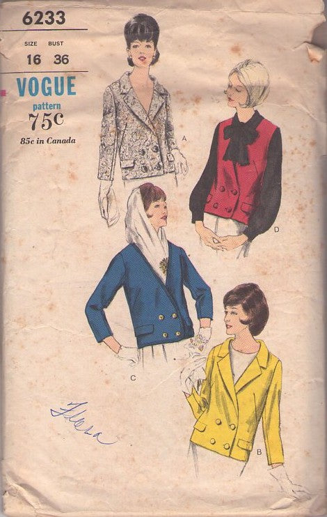 Vogue 6233 Vintage 60's Sewing Pattern Jacket Set, Nautical Vibes, Jackie O, Mad Men, Double Breasted Suit Jacket, Vest Set Size 16