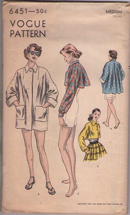 Vogue 6451 Vintage 40's Sewing Pattern Jacket Set, Bolero, Coat, Flared Swingback, Cropped Cover Up, Beach Coat 3 Styles Size M