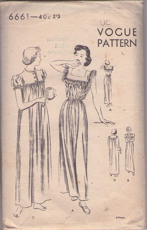 Vogue 6661 Vintage 50's Sewing Pattern Negligee, Long Nightgown, Square or Button Neck, Lace Trim, 4 Styles Size M
