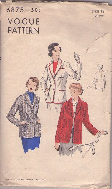 Vogue 6875 Vintage 50's Sewing Pattern Blazer Jacket, Career, New Look Suit Topper Size 16
