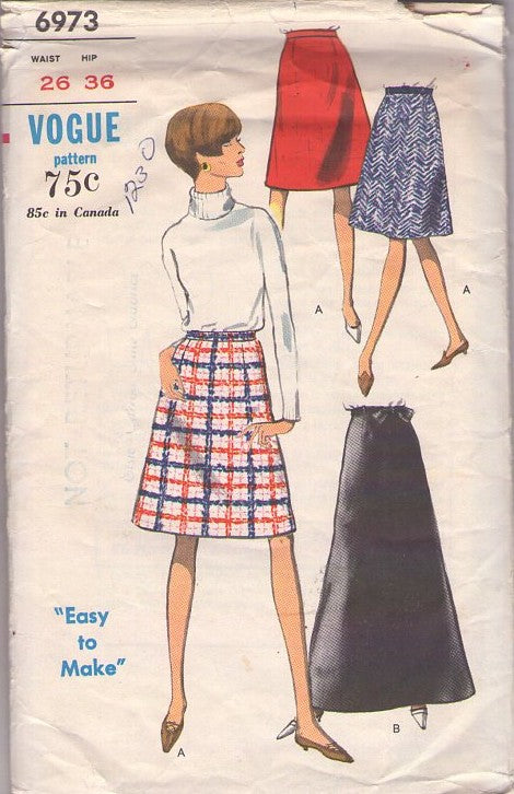 Vogue 6973 Vintage 60's Sewing Pattern Classic Skirts, Easy to Make, A-Line Secretary or Evening Long Floor Length Skirt Set Waist 26 Size M