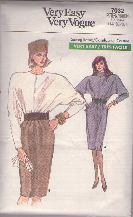 Vogue 7032 Vintage 80's Sewing Pattern Secretary Dress, Very Easy, Office Party, Batwing Pleated Sheath Skirt Dress 2 Styles Size 14