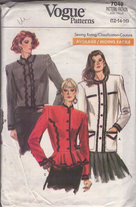 Vogue 7049 Vintage 80's Sewing Pattern Jacket Set, Boxy Lace Trim, Cropped, Over the Hip or Sheila E Peplum Skirt 3 Styles Size 12-16