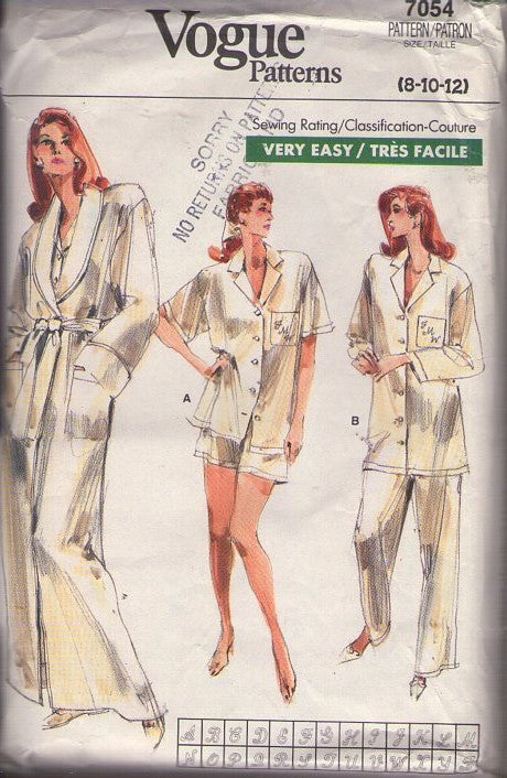 Vogue 7054 Vintage 80's Sewing Pattern Pajamas & Robe, Very Easy, Shorts, Pants, Long Oversized Button Up Blouse, Shawl Collar Cuffed Bathrobe Size 8-12