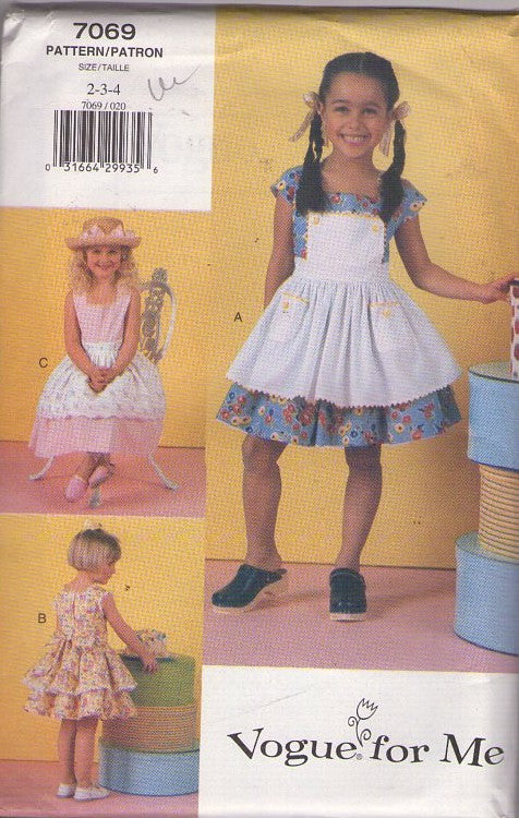 Vogue 7069 Retro 90's Sewing Pattern Girl's Dress Set, Summer Cottagecore Attached Apron or Pinafore Front Flared Modest Dress Set 3 Styles Size 2-4