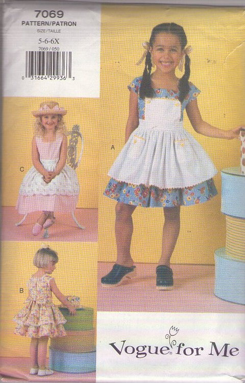 Vogue 7069 Retro 90's Sewing Pattern Girl's Dress Set, Summer Cottagecore Attached Apron or Pinafore Front Flared Modest Dress Set 3 Styles Size 5-6X