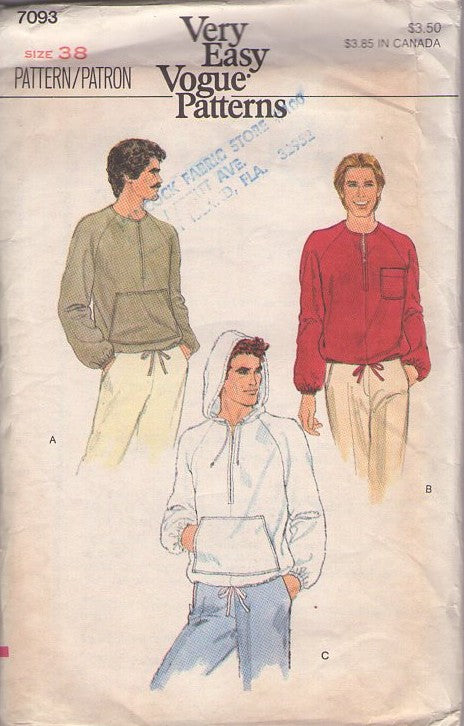Vogue 7093 Vintage 80's Sewing Pattern Men's Shirt, Top, Very Easy Pullover Raglan Sleeve Hoodie, Pouch Pocket Drawstring Shirt, Top Set 3 Styles Size 38 L
