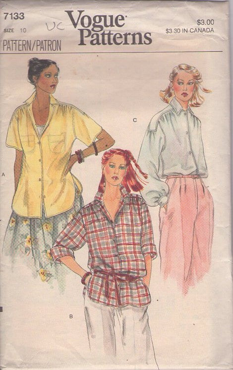 Vogue 7133 Vintage 80's Sewing Pattern Easy Blouse Set, Shoulder Epaulet Bands Oversized Loose Fit Blouse Set, 3 Styles Size 10