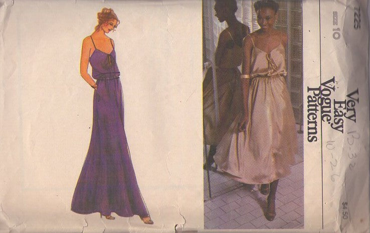 Vogue 7225 Vintage 70's Sewing Pattern Disco Dress, Very Easy, Slinky Blouson, Flared Skirt Sun Dress, Party Maxi Gown with POCKETS Size 10