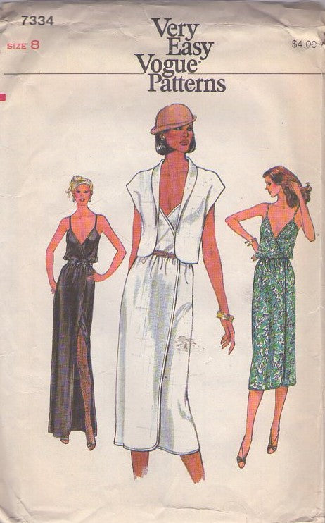 Vogue 7334 Vintage 70's Sewing Pattern Disco Dress, Jacket, Very Easy Wrap Around, Blouson Surplice, Deep V Top Dress, High Slit Party Gown, Shawl Collar Cover Up Top Size 8