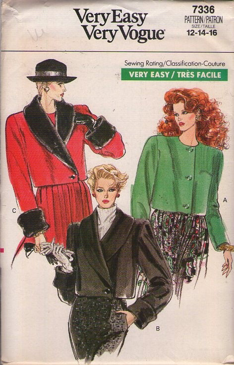 Vogue 7336 Vintage 80's Sewing Pattern Couture Jackets, Very Easy, Boxy Cropped Jacket, Shawl Collar Deep Cuffs Coat Set 3 Styles Size 12-16