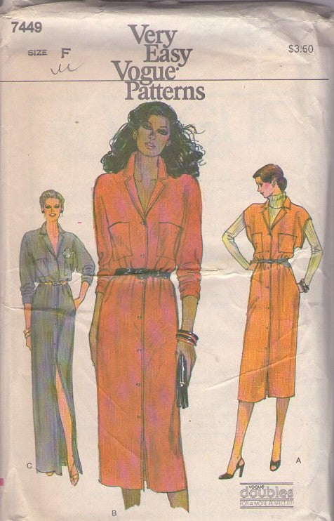 Vogue 7449 Vintage 80's Sewing Pattern Easy Button Front Dress, Buttons, Collar, Deep Armholes, 3 Styles Size F 16-18