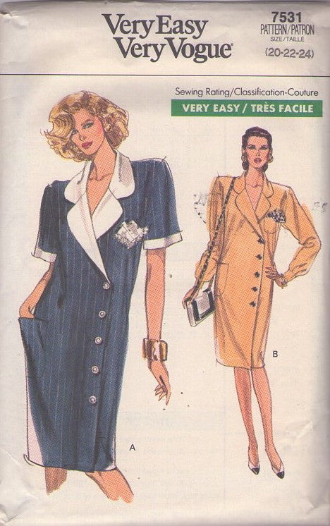 Vogue 7531 Vintage 80's Sewing Pattern Plus Size Dress, Very Easy Wrap & Asymmetric Buttoned Front Coat Dress, Secretary Styles Size 20