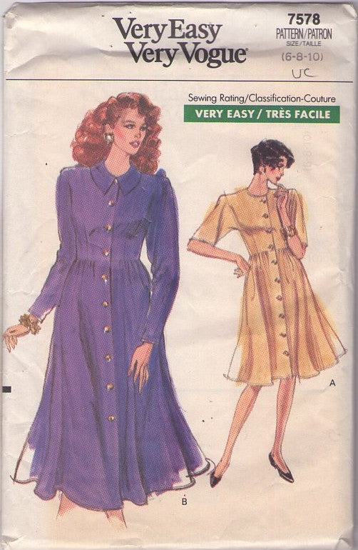 Vogue 7578 Vintage 80's Sewing Pattern Secretary Dress, Very Easy, High Gathered Waist, Flared Skirt, Front Buttoned Coat Dress EASY Size 6-10