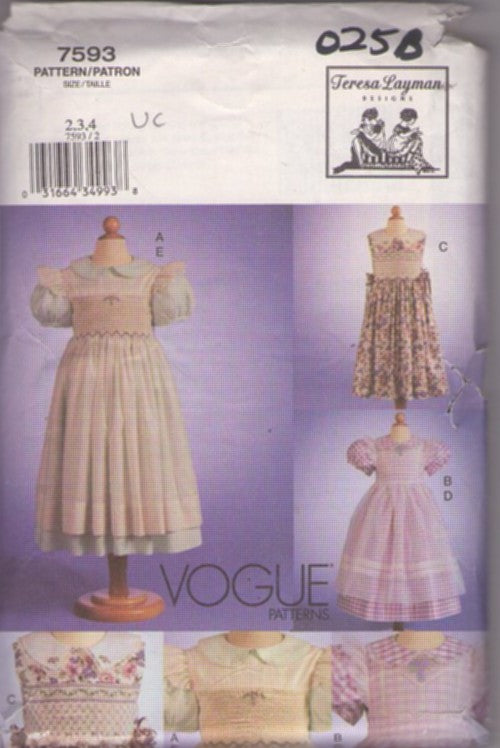 Vogue 7593 Retro 2002 Sewing Pattern Girl's Dress & Pinafore, Designer Teresa Layman Designs, Modest Cottagecore, Smocking, Pinafore Apron, Party, School, 5 Styles Size 2-4