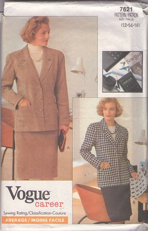 Vogue 7621 Vintage 80's Sewing Pattern Power Suit, Dynasty Style, Career Jacket Coat, Slim Skirt Size 12-14