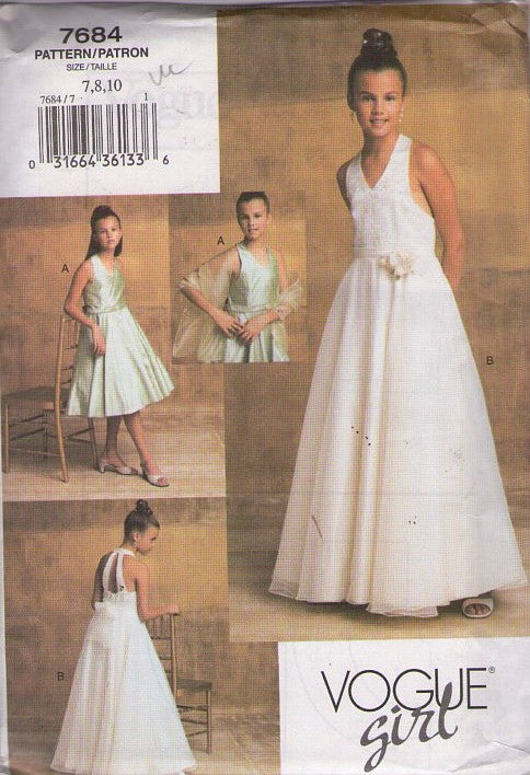 Vogue 7684 Retro 2003 Sewing Pattern Teen Dress, Stole, Vogue Girl, Y2K Junior Bride, Flower Girl, First Dance Gown, 2 Styles Size 7-10