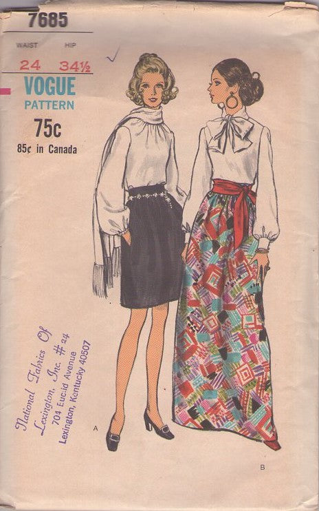 Vogue 7685 Vintage 60's Sewing Pattern Mod Skirt, Hostess Styles, Gathered Full Short or Floor Length Maxi Skirt with Pockets Waist 24 Size S