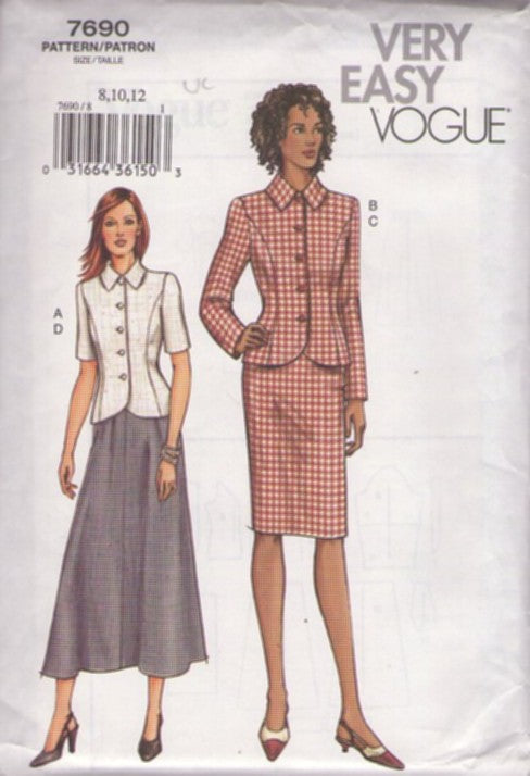 Vogue 7690 Retro 2003 Sewing Pattern Suit Dress, Very Easy, Princess Seams Shaped Jacket Top Blouse, Slim or Longer Flared Skirt, 2 Piece Suit Dress size 8-12