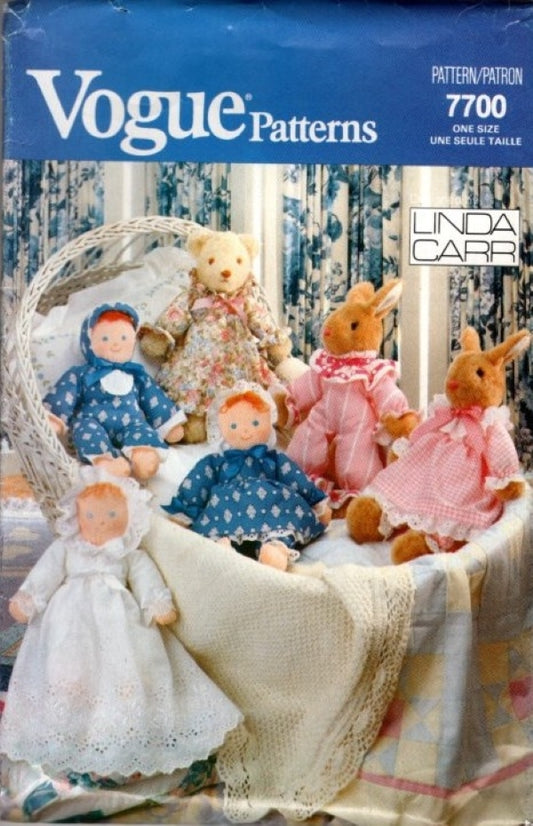 Vogue 7700 Vintage 90's Sewing Pattern Baby's First Toy, Designs by Linda Carr, Stuffed Toy Doll, Bunny, Bear, Clothes OZ