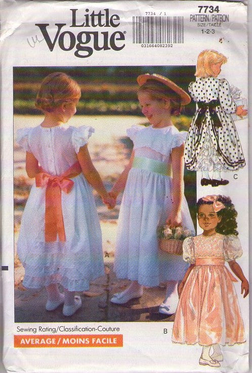 Vogue 7734 Vintage 90's Sewing Pattern Girl's Dress, Fancy Formal, Modest, Ballerina, Tea Length Flower Girl, Ruffled Bustle Back Fancy Gowns, 3 Styles Size 1-3