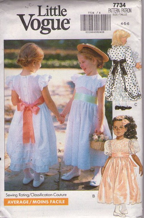 Vogue 7734 Vintage 90's Sewing Pattern Girl's Dress, Fancy Formal, Modest, Ballerina, Tea Length Flower Girl, Ruffled Bustle Back Fancy Gowns, 3 Styles Size 4-6