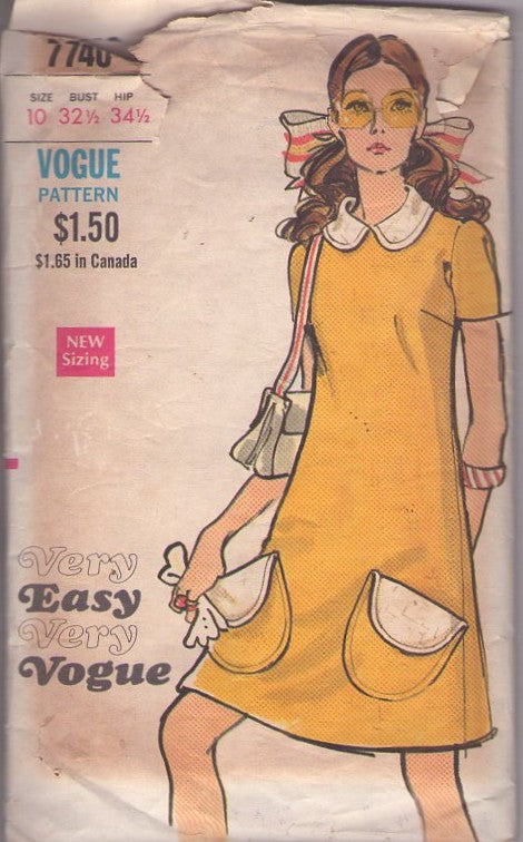 Vogue 7740 Vintage 70's Sewing Pattern Mod A-Line Dress, Collar, Slanted Flap Pockets Size 10