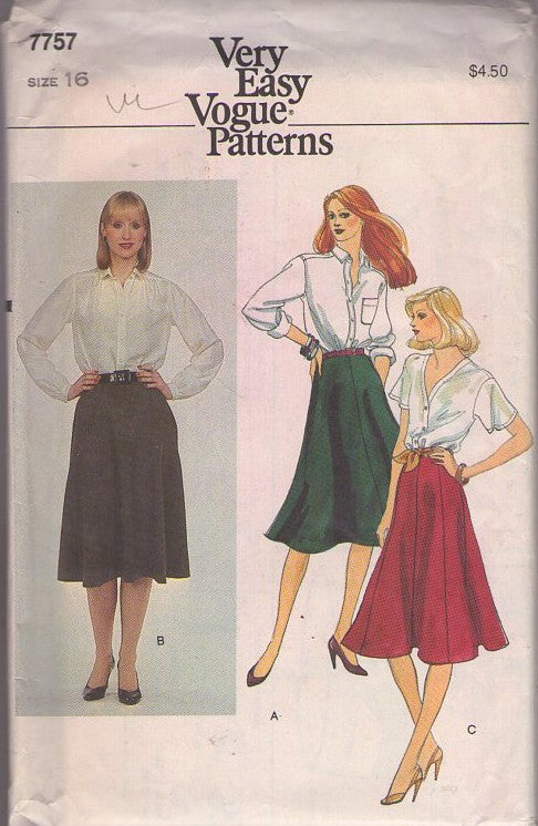 Vogue 7757 Vintage 80's Sewing Pattern Secretary Skirts, Very Easy Flared, Panels, Gored Skirt Set, 3 Styles Size 16