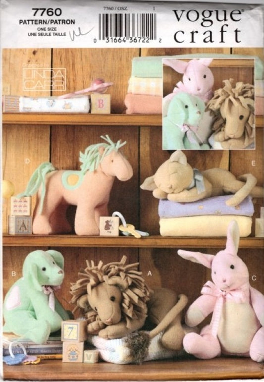 Vogue 7760 Retro 2003 Sewing Pattern Baby Toys, Designs by Linda Carr, Stuffed Soft Pony, Cat, Bunny Rabbit, Lion Dolls OZ