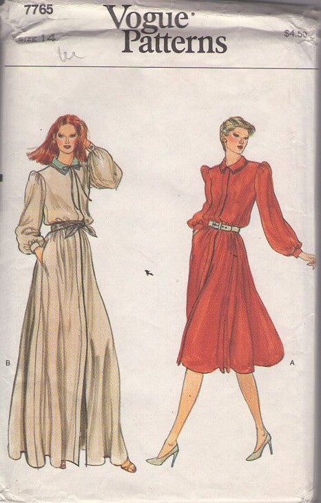 Vogue 7765 Vintage 80's Sewing Pattern Secretary Dress, Blouson, School Teacher, Hidden Front Button Band, Flared Modest Dress, Long Sweeping Maxi Evening Gown, Bloused Size 14