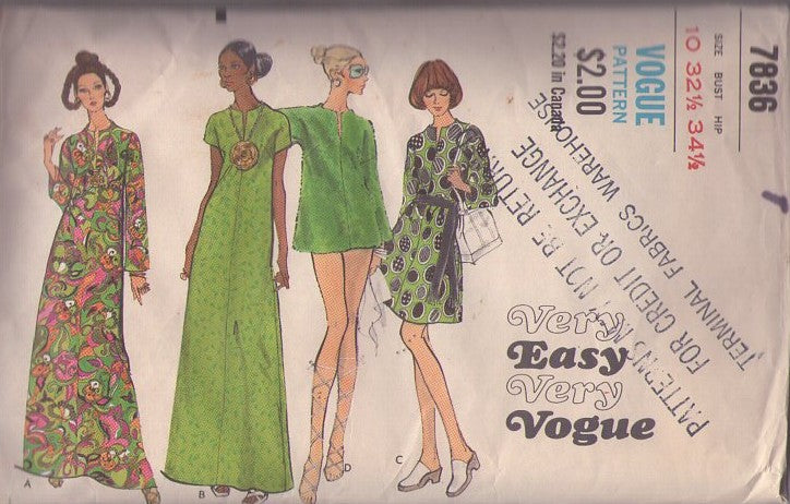 Vogue 7836 Vintage 70's Sewing Pattern Easy Mod Beach Cover Up Dress, Hostess Maxi Gown, MuuMuu Size 10